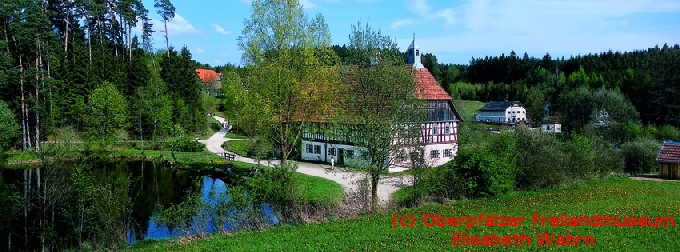 Blick in das Oberpflzer Freilandmuseum mit der Rauberweihermhle und Teich