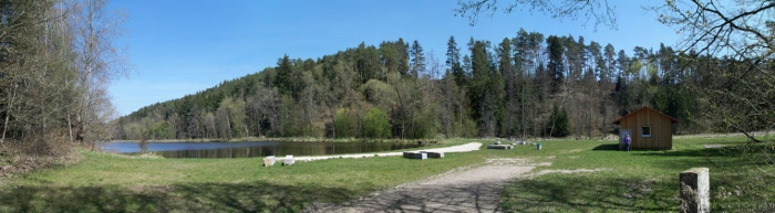 Blick auf den Strandbereich mit Sitzmöglichkeiten und Liegewiese vom Hammerweiher Blick auf den Strandbereich mit Sitzmöglichkeiten und Liegewiese vom Hammerweiher