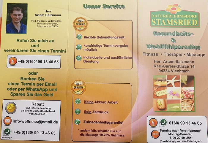 Flyer von Artem Salzmann mit Infos ber das Gesundheitsprogramm, Aquagymnastik, Thai-Do, Prventive Rckenschule uvm.