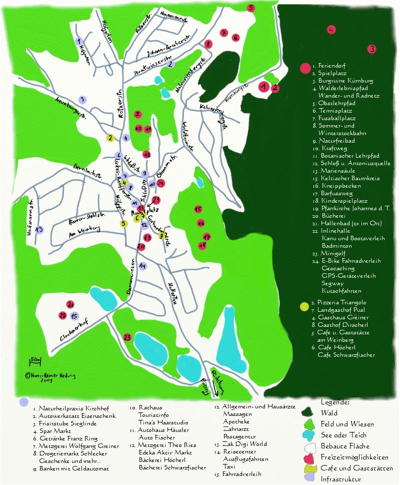 Stadtplan Stamsried mit bersicht der Infrastruktur und Freizeitaktivitten. Gehen Sie mit dem Mauszeiger auf die Zahlen und Sie erhalten eine kleine Info.