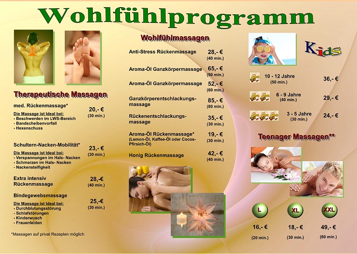 Flyer von Artem Salzmann mit Informationen über Wohlfühlmassagen und Therapeutische Massagen