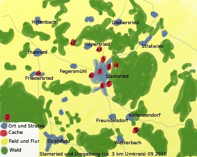 Karte von Stamsried und Umgebung mit ungefährer Lage der aktuellen Caches 09.2010 Karte von Stamsried und Umgebung mit ungefährer Lage der aktuellen Caches 09.2010